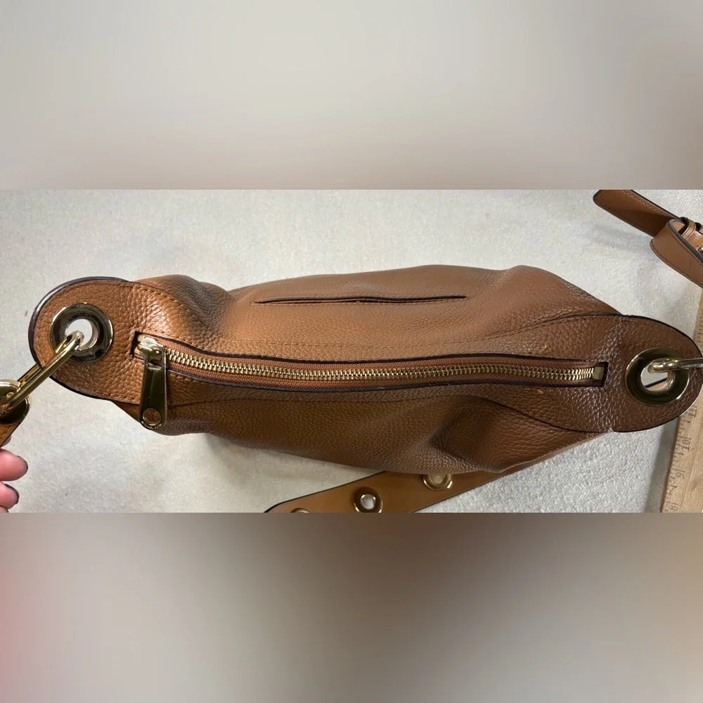 Michael Kors Brown Pebbled Leather Shoulder Bag Adjustable Grommet Strap Gold